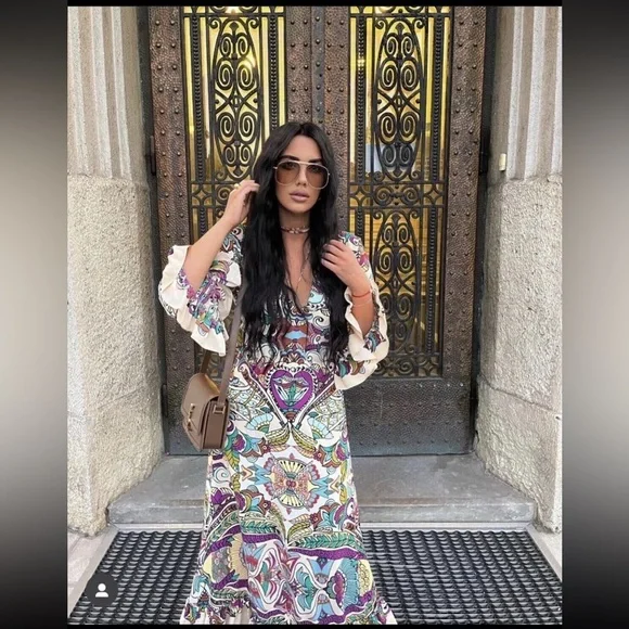 Zara Bohemian ruffledPatterned Maxi Dress casual summer vacation Zara Bohemian ruffledPatterned Maxi Dress casual summer vacation